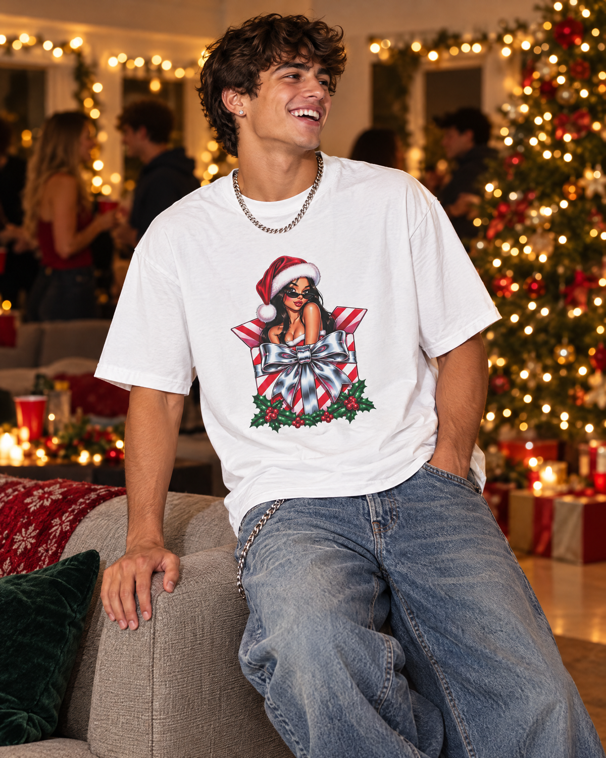 Model wearing the Gift Girl Y2K Christmas tee, style 1